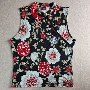 Vtg Y2K Wild Cat Asian Inspired Top Sz L Sleeveless Mandarin Collar Floral Mesh